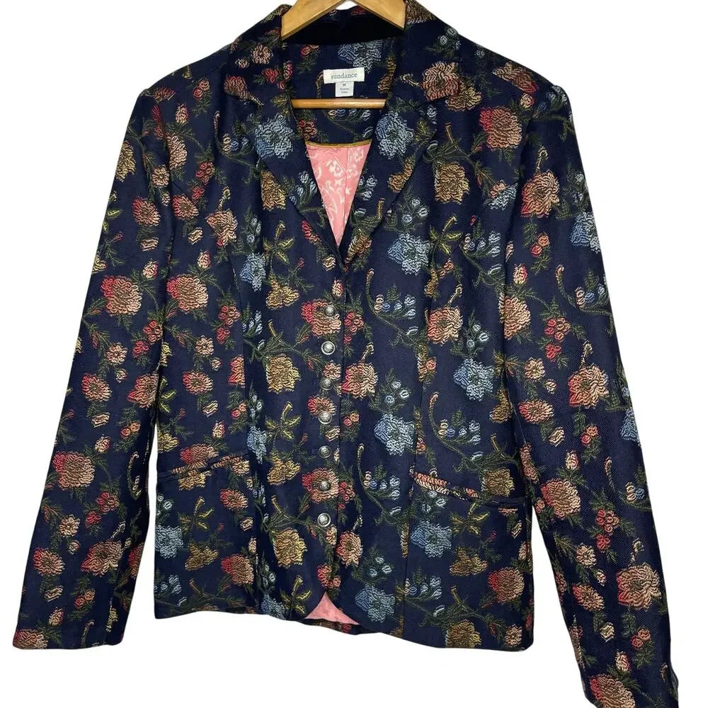 Sundance Alpine Coast Jacket size Medium Embroidered Bohemian Blazer Navy Floral - Picture 3 of 10